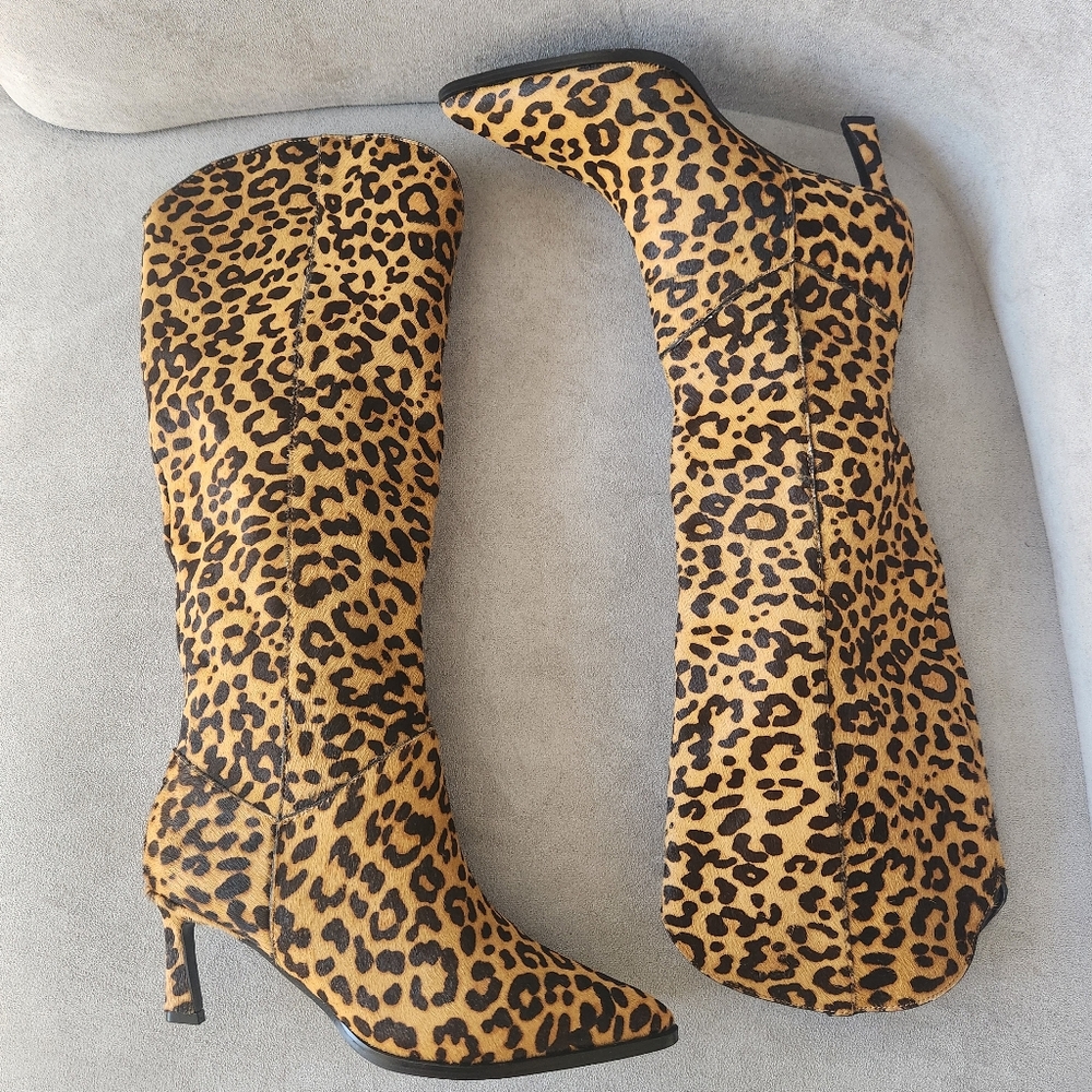 Steve Madden Heeled Boots 7 Brown Calfhair Leyna Leopard Knee High New $200
